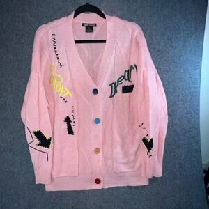 Ebossy Cable Knit Cardigan Button Down Pink Embroidered Sweater Size‎ 2X